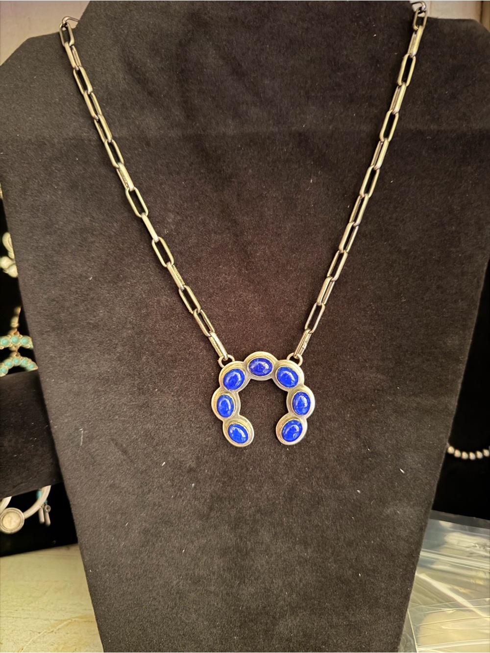 Blue Lapis Horseshoe 925 Sterling Silver Pendant Necklace on a paperclip chain